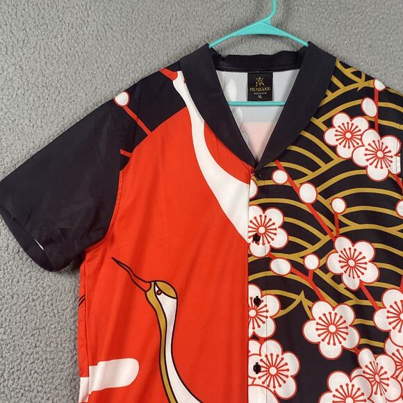 Men's XL Japanese Crane & Plum Blossom Aloha Kimono Hawaiian Style Button Down - Picture 2 of 10